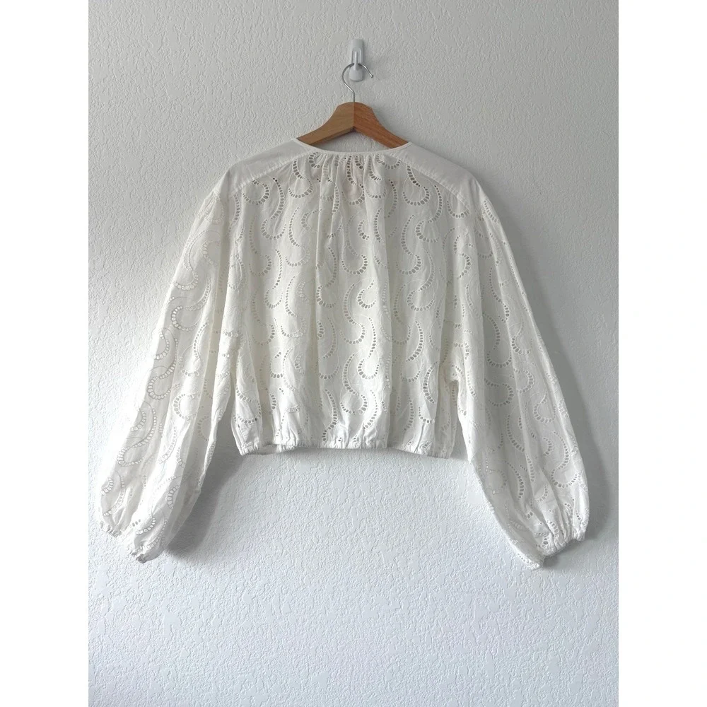 H&M White Cotton Eyelet Button Front Balloon Sleeve Blouse Large NWT Boho Summer
